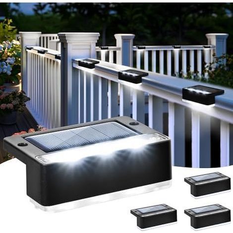 Juego de 4 luces solares blancas para escaleras exteriores, iluminación LED impermeable para escaleras, peldaños, vallas, jardines, patios y decoración (negro, blanco frío). (1/5)