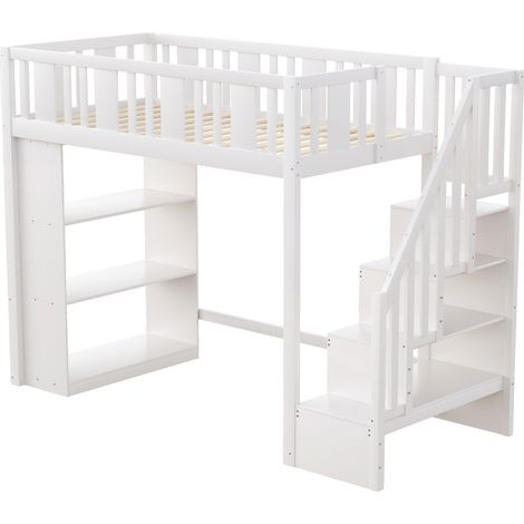 Letto a soppalco per bambini 90x200 cm con scala contenitore e 3 vani in legno bianco MODENUIT (1/5)