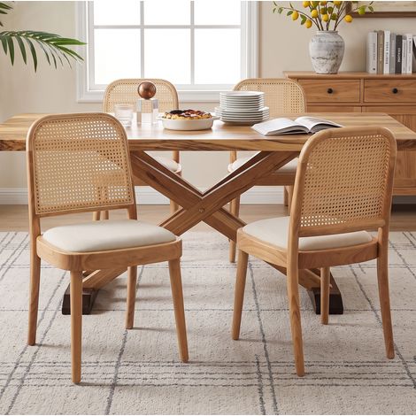 2 Esszimmerstühle aus Holz mit Rattan-Rückenlehne und Leinensitz, modern, Holzfarbe (1/5)