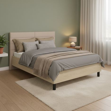 Letto Matrimoniale Ausonio, Letto Matrimoniale Testiera Imbottita, Imbottito, Dimensione Materasso 160x200 cm, Marrone Rovere (1/5)
