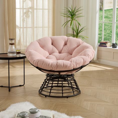 Fauteuil Papasan Pivotant à 360° en Résine Tressée - 92x92x67cm - Coussin Épais Velours Côtelé Confortable - Marron et Rose (1/5)