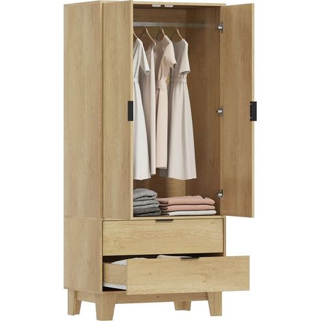 Armoire chambre penderie avec 2 portes à fermeture douce, 2 tiroirs et barre de suspension, 80x50x180cm, bois naturel (1/5)