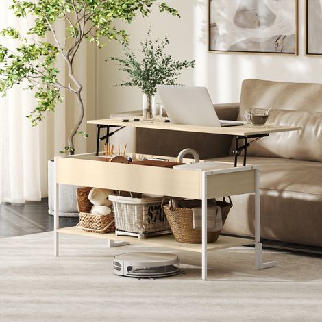 Mesa de Centro Elevable con Cierre Suave Espacio Oculto de Almacenaje y Estante Abierto 95x40x59 cm Natural y Blanco (1/5)