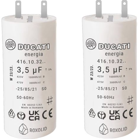 Lot de 2 Condensateurs 3,5 uF pour réparation de volet roulant SOMFY, SIMU. Condensateur cylindriques à 2 cosses Faston 2,8 spécial remplacement pour moteur 8Nm à 10Nm de volet. (1/5)