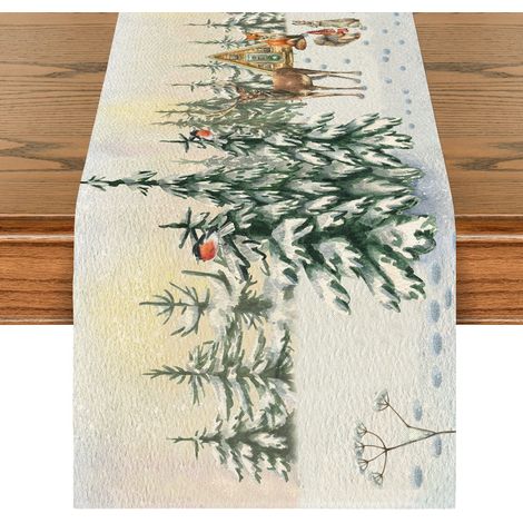 Chemin de table de Noël avec cerfs, chemin de table de Noël en lin vert et blanc avec imprimé sapin de Noël et élan, décoration de Noël (180 x 33 cm) (1/5)