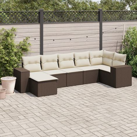 7-tlg. Garten-Sofagarnitur mit Kissen Braun Poly Rattan (1/5)