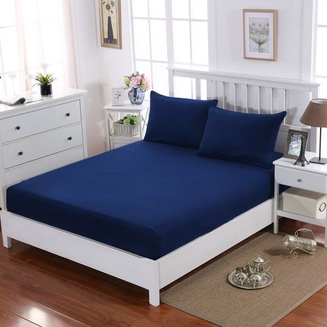 Fitted Sheet 140 x 190-200 cm with 30 cm Corner, Navy Blue GSM Microfibre Fitted Sheet, 100% Soft, Durable, Anti-Wrinkle, High Quality Microfibre (1/5)