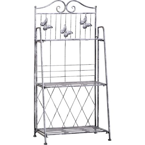 Scaletta porta piante in metallo argento anticata 3 ripiani 44x25x96 cm per giardino (1/5)