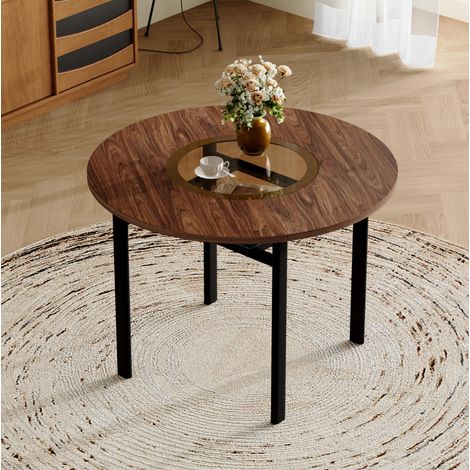 Table ronde de comedor MDF efecto madera marrón y metal negro con cristal ahumado Ø100 cm para 4-6 personas (1/5)