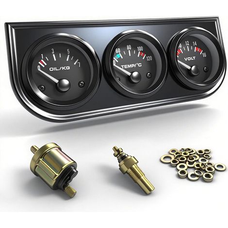 3-in-1 52-mm-Dreifachanzeige-Cluster-Kit für Öldruck, Wassertemperatur und Voltmeter mit schwarzer Armaturenbrettkonsole, universell passend für Autos, LKWs, Schiffe, Traktoren und 12-V-Fahrzeuge. Ein (1/5)
