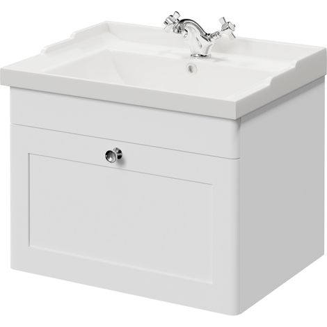 Wholesale Domestic Danbury Satin White 600mm Wall Mounted Vanity Unit with 1 Tap Hole Traditional Basin with Single Drawer and Polished Chrome Handle (1/5)