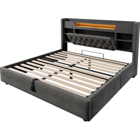 Bett 140x190 cm aus grauem Leinen mit LED, USB/USB-C, Kopfteil mit Stauraum, MODENUIT (1/5)