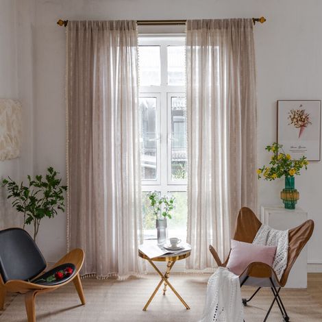 Rideaux de Ferme en Lin à Franges Brodées - pour Chambre à Coucher - avec Poches pour Tringle