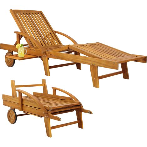 Casaria – Transat pliable en bois d'acacia – Dossier réglable 4 positions – Largeur 59,5-69 cm – Hauteur 30-85 cm – Avec roues pour transport facile