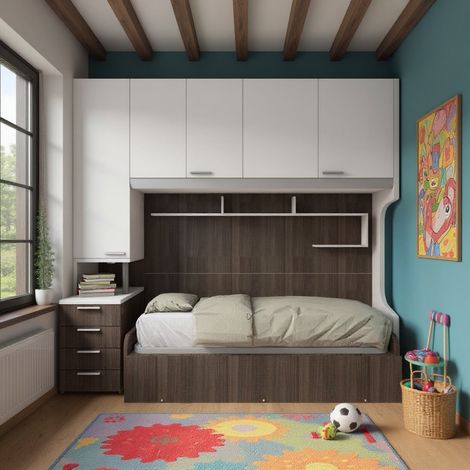 Cameretta a ponte con letto estraibile e spazio intelligente - Bianco e Olmo