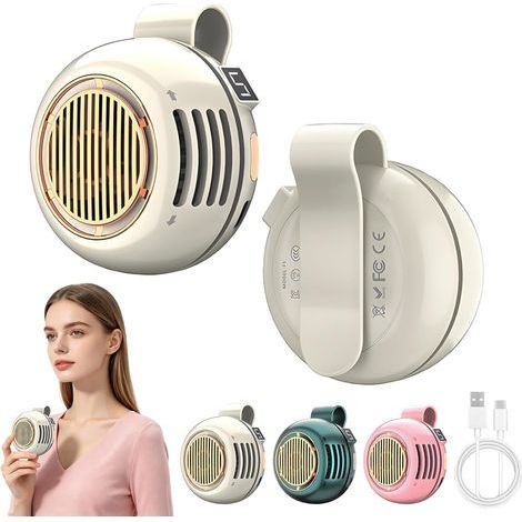 Lot de 2 Ventilateurs Sans Pales Silencieux, Ventilateur Tour de Cou à Clip avec Écran LED pour Camping et Bureau(Beige) (1/5)