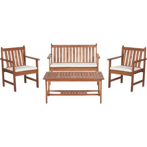 Conjunto de jardín madera de acacia natural clara patio sofá sillones mesa con cojines blancos muebles de exterior Altidona
