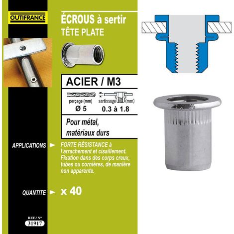 40 tuercas de engaste M8 Ø16 x 1,5 mm 0,5 a 3 mm OUTIFRANCE