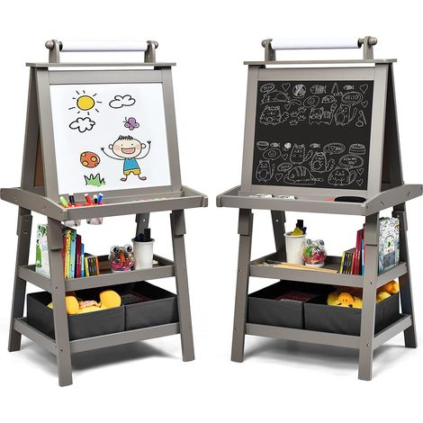 COSTWAY 3 in 1 Kinder Staffelei,Kindertafel doppelseitig,Whiteboard & Kreidetafel & Zeichenpapier,Standtafel inkl. Magneten,2 Regalebenen Holztafel mit 2 Aufbewahrungsboxen,Weihnachtsgeschenk Grau