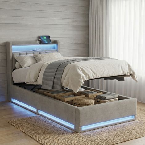Lit Coffre 90x200 cm en Velours Gris avec Lumières LED - Prises USB et Sommier à Lattes - Confort & Gain de Place(90x200cm, Gris) (1/5)