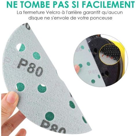 Paquete de 50 discos abrasivos de 150 mm con 15 agujeros y granos surtidos 60/80/120/180/400. Para lijar madera dura y metal. (1/5)