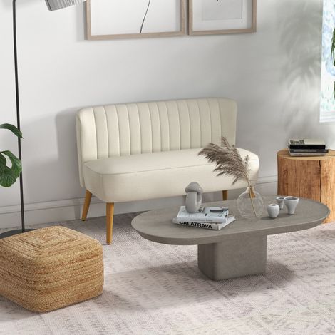 Zweisitzer-Sofa, Wohnzimmersofa in Leinenoptik, gepolsterter Sitz und Beine aus Gummibaumholz, 117 x 56,5 x 77 cm, cremefarben (1/5)