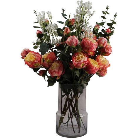 60cm Smoke Grey Vase Pink Peonies and Artificial Eucalyptus (1/5)