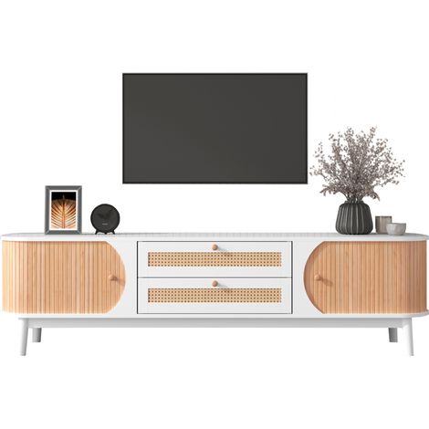 Meuble TV En Bois Naturel Avec Portes Et Tiroirs, Côtés En Rotin, Solution De Rangement (1/5)
