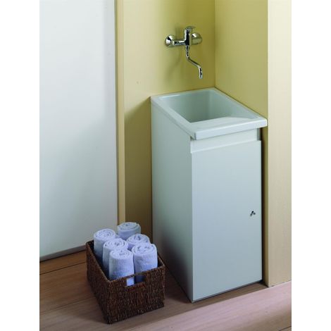 Indusa – Meuble bas de salle de bain blanc 38 cm – Largeur 61 cm – Hauteur 84 cm – Fabriqué en mélaminé – Porte compatible bac à laver (1/2)