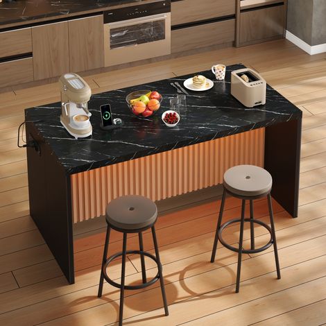 Îlot de cuisine 155 x 80 x 90 cm avec façade en marbre noir, éclairage LED, 2 prises électriques, 2 ports USB, plan de travail de 40 mm. Îlot de cuisine moderne de style industriel et minimaliste au d (1/5)