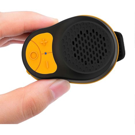 Enceinte portable sans fil (noir et jaune) avec clip, mini micro intégré, étanche IPX5, autonomie de 15 heures, idéale pour les chantiers, la course à pied, le vélo et la randonnée. (1/5)