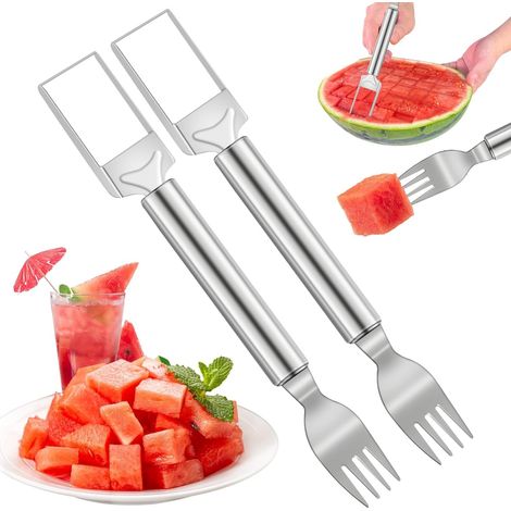 Set da 2 pezzi per tagliare l'anguria, forchetta per anguria in acciaio inossidabile 2 in 1, utensile da taglio portatile, forchetta da frutta ideale per feste in famiglia e campeggio (2 pezzi, argent