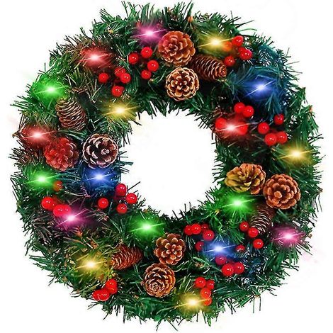 Couronne de Noël artificielle avec pommes de pin, baies rouges et guirlande lumineuse LED pour porte d'entrée, mur, décoration de style champêtre, extérieur, intérieur, articles de fête - 40 cm - lumi (1/5)