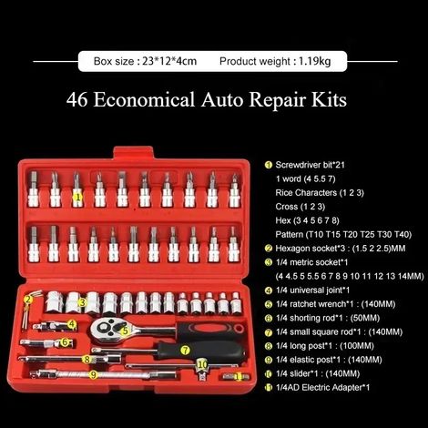 (46 pièces) Jeu de clés à douille, outils de réparation automobile, clé dynamométrique à cliquet combinée (1/5)