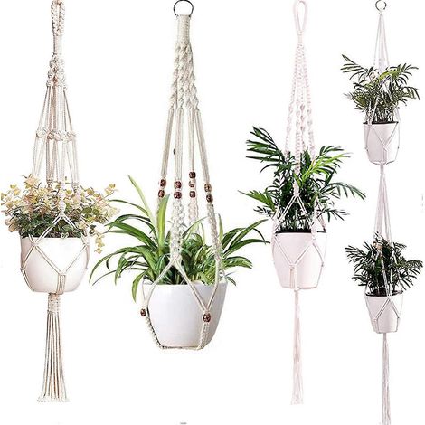 Panier suspendu pour plantes tissé à la main, panier pour pot de fleurs suspendu d'intérieur avec perles en bois et corde en coton, décoration intérieure de style bohème sans pompons. (1/5)