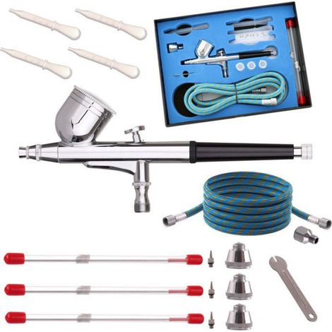 Aérographe - Double Action - Réservoir 7 cm3 - Buses 0,2 mm 0,3 mm 0,5 mm - Tuyau Caoutchouc Tressé 1,8 m - Kit Complet