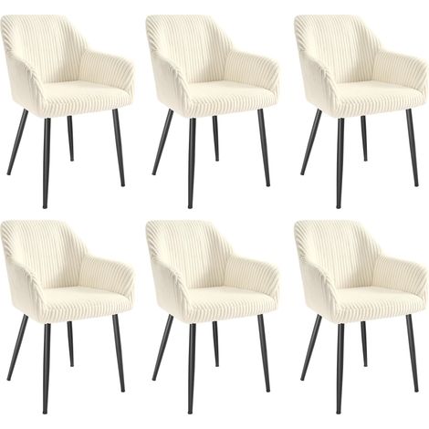 Lot de 6 Chaises Salle à Manger, Chaises de Cuisine, en Velours Côtelé, Rembourrées, Accoudoirs, Charge Max. 120 kg, Pieds en Métal, pour Salle à Manger, Blanc Crème et Noir Mat (1/5)