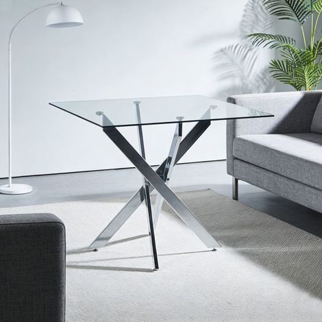 Table à Manger 80 x 80 x 75 cm en verre trempé piétement métal en croix pieds chrome argentés forme carrée (1/5)