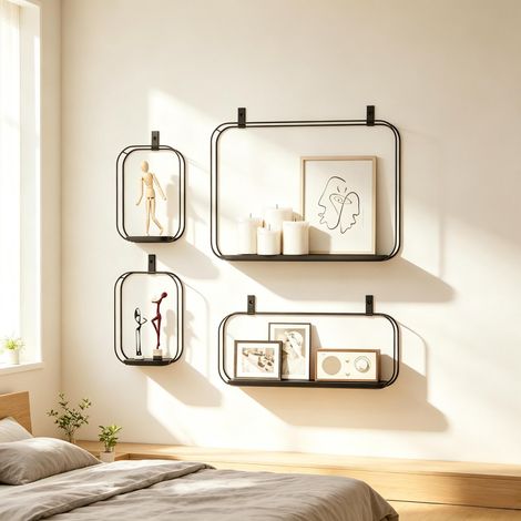 Lot de 4 étagères murales en métal style industriel, supports flottants géométriques pour décoration salon et bureau (panneaux muraux seuls) (1/5)