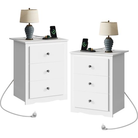 Lot de 2 tables de chevet 3 tiroirs avec station de charge, ports USB et prises, meuble de rangement pour chambre, salon et bureau, blanc (1/5)