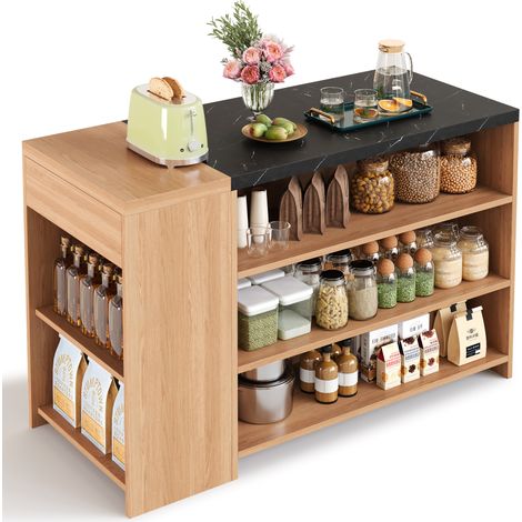 CHICFURN Isola da cucina 140x60x90 cm in MDF nero e naturale effetto marmo, 5 vani (1/5)