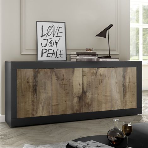 Buffet bas 4 portes noir et bois 210cm CALIA (1/5)