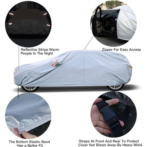 Housse de voiture imperméable et respirante, housse extérieure 6 couches contre la pluie, le soleil et la poussière, avec fermeture éclair et doublure en coton, pour 4x4/SUV de 460 à 485 cm, jaune. (1/5)