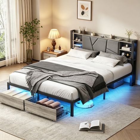 Lit Double 160x200 cm avec 2 tiroirs, Lit Adulte avec LED et Prise USB Type C, Tête de Lit Rembourrée PU Noir, Structure Métal (1/5)