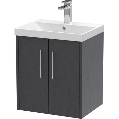 Winshill Contemporary 2 Door Wall Hung Vanity Unit with Thin Edge Basin, Woodgrain Dark Grey, 500mm (1/4)