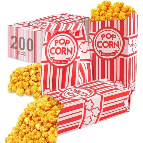 Lot de 200 Sachet Pop Corn, Sachet Popcorn en Papier Sac Pop-corn Bags Pliable Petites Popcorn Boîtes pour Popcorn Machine, Party, Carnaval, Cinéma Rétro Rayures Rouges Style Vintage 9 x 6 x 21 cm 1oz