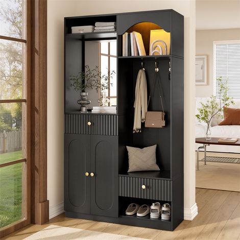 Vestiaire Garderobe d'Entrée avec Miroir et Banc - 100x35x180 cm - Meuble Chaussures Éléments Portemanteau LED - Noir (1/5)