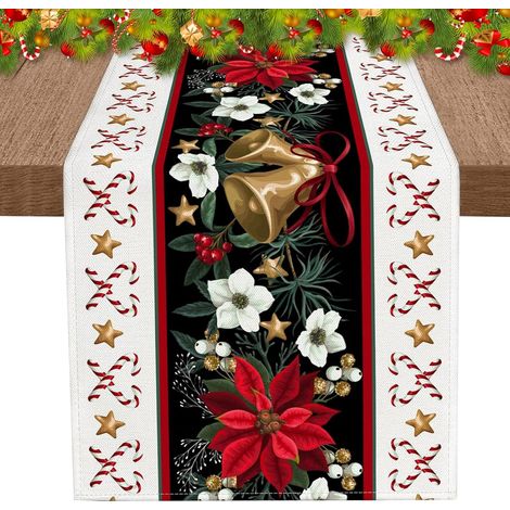 Weihnachtstischläufer, Küchentischdekoration, Makramee-Tischläufer, maschinenwaschbarer Tischläufer, Rot-Grün, Heimdekoration (Weihnachtsglocken) (1/5)