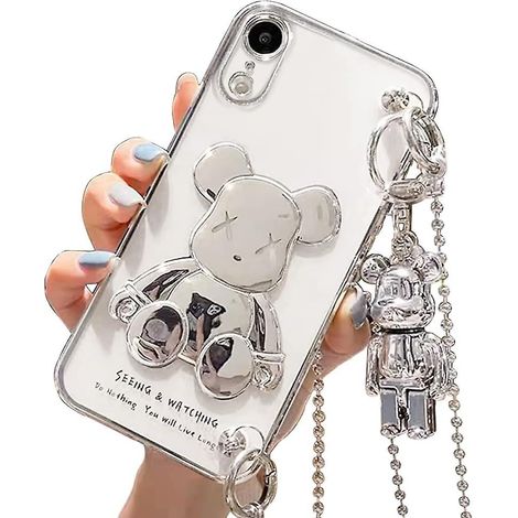 Coque de protection en TPU compatible avec iPhone XR, avec cordon métallique, pendentif ours 3D et poupée pour enfants, filles et femmes. (1/5)