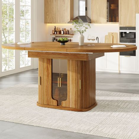 Extendable dining table, dining room table, kitchen table, round dining table, extends to oval, 118-158 cm, seats up to 6 people, dining table with glass doors, Walnut